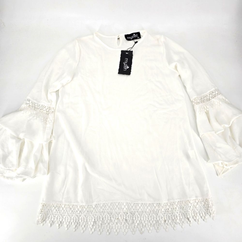Myzen White Long Bell Sleeve Blouse Size 40 US M NWT